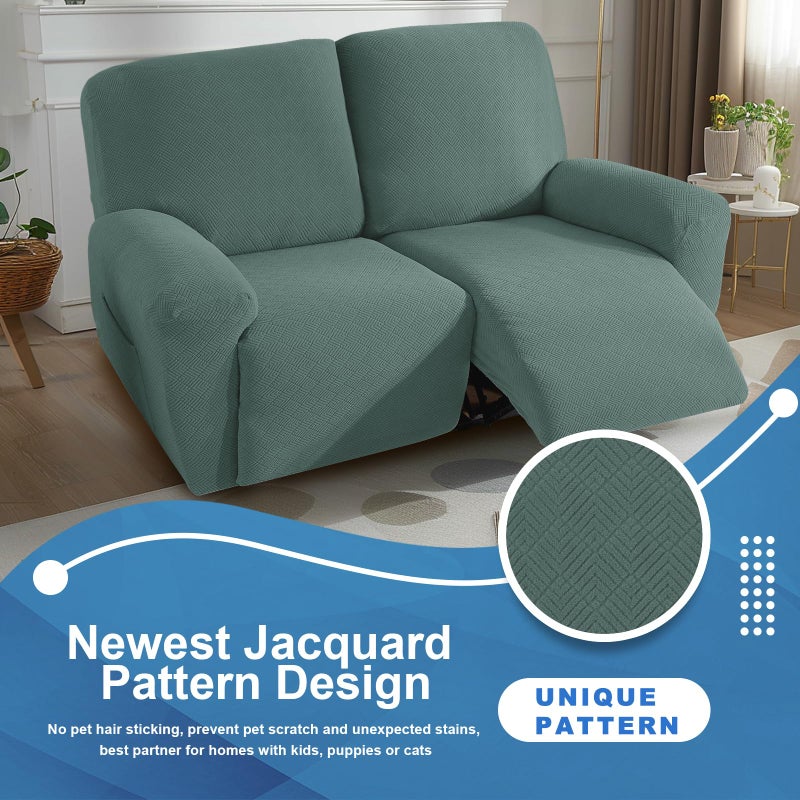 JIVINER 4 Pieces Recliner Loveseat Covers Stretch Recliner Sofa Slipcover with Elastic Bottom Jacquard Fitted Reclining Couch Cover Furniture Protector with Pockets (2 Seater  Pea Green) - Image 2